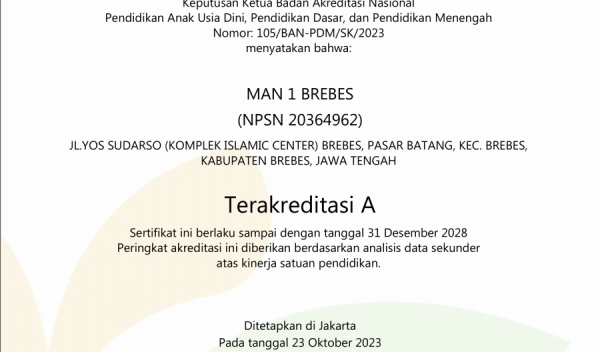 Luar Biasa MAN 1 Brebes Raih Peringkat A dalam Automasi Akreditasi 2023